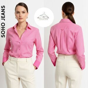 SOHO Jeans Pink White Stripes Cotton Blend LS Button-Up Shirt JR. Size L NWT